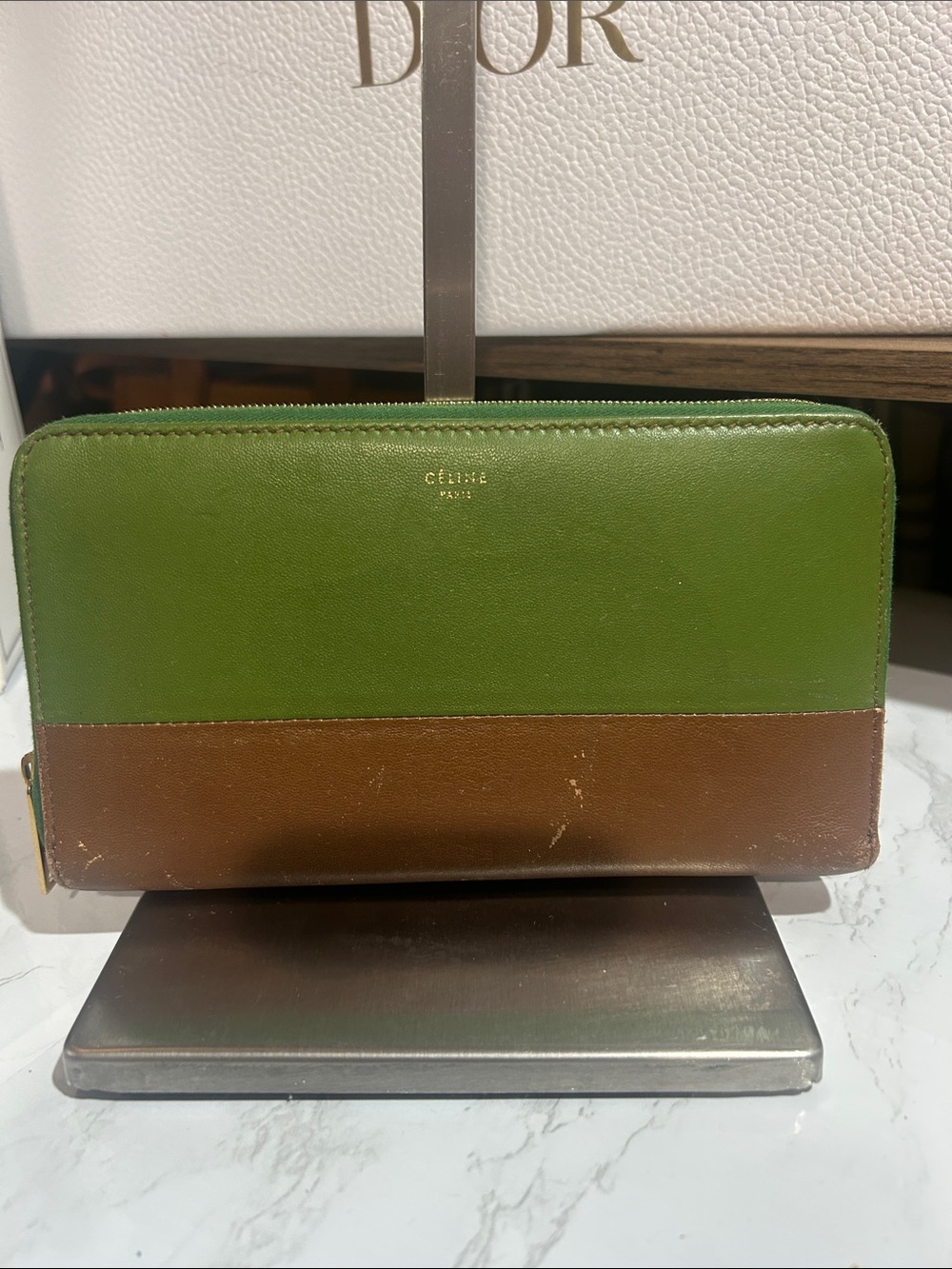 Celine Two-Tone Green and Brown Leather Zip Wallet